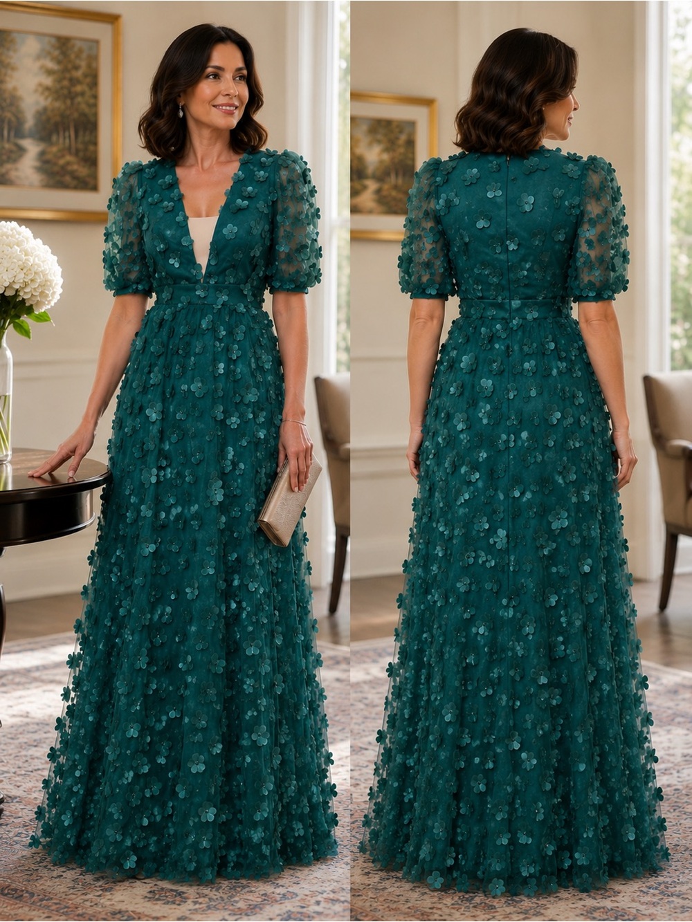 Giffniseti Emerald Green 3D Floral Tulle Maxi Dress V-Neck Puff Sleeve Large